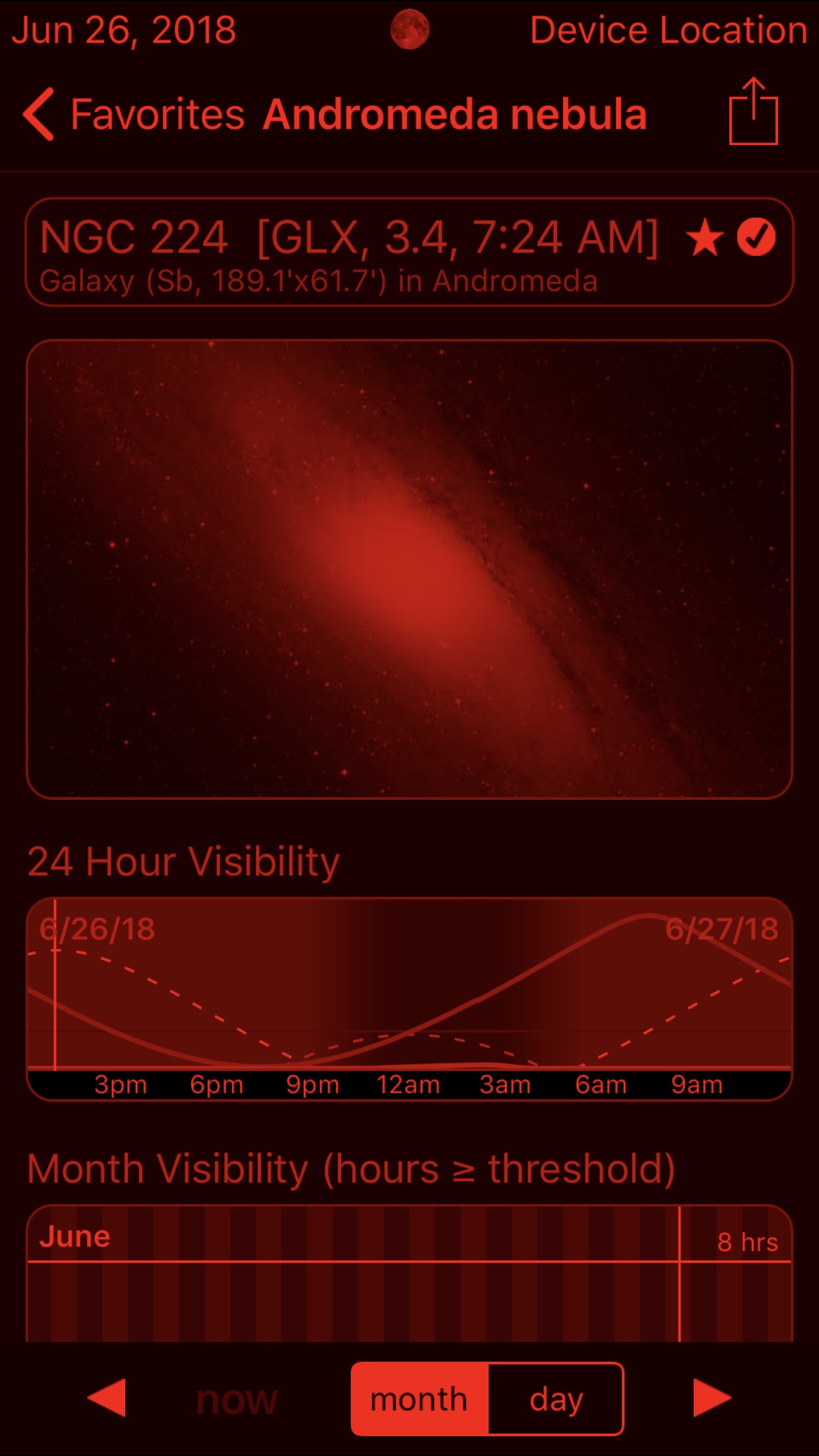 Andromeda galaxy in Observer Pro Astronomy Planner iOS app screenshot