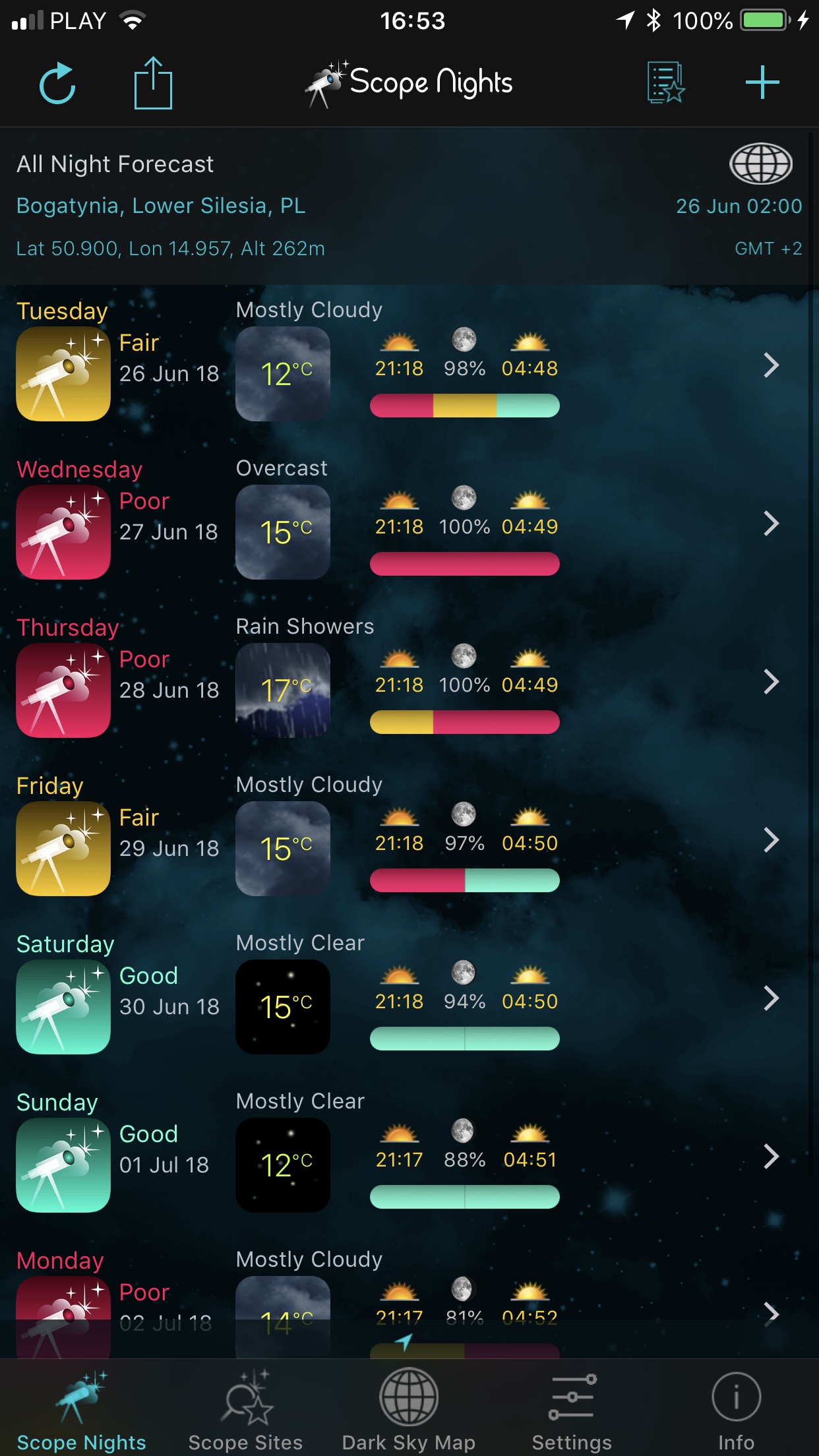 Astronomy and astrophotography weekly conditions forecast in Scope Nights Astronomy Weather iOS app screenshot. One of the best astronomy apps for iPhone.