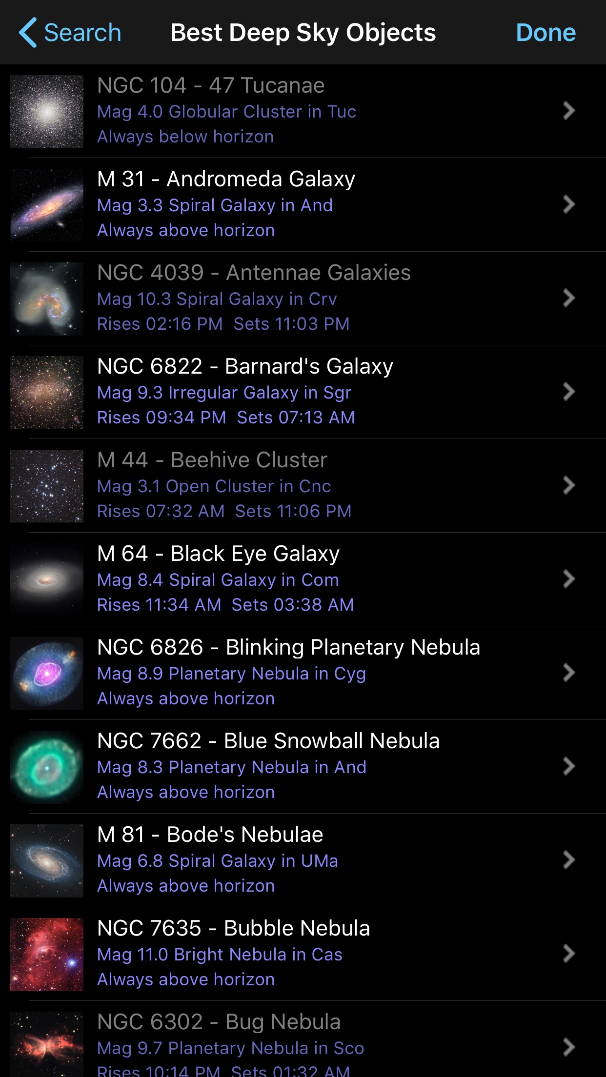Best Deep Sky Objects in SkySafari iOS app screenshot
