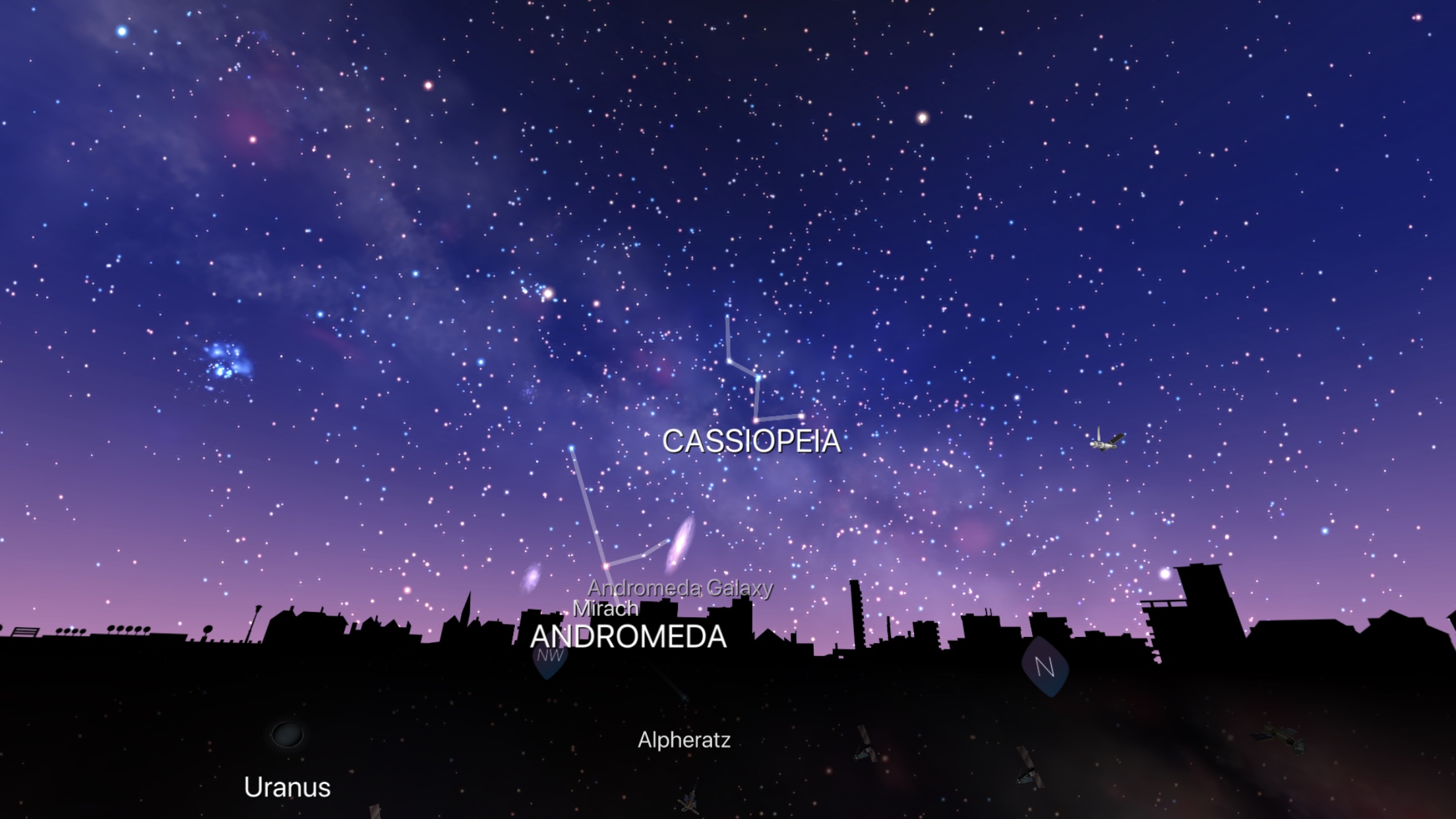 Cassiopeia and Andromeda in Night Sky iOS app screenshot. One of the best astronomy apps for iPhone.