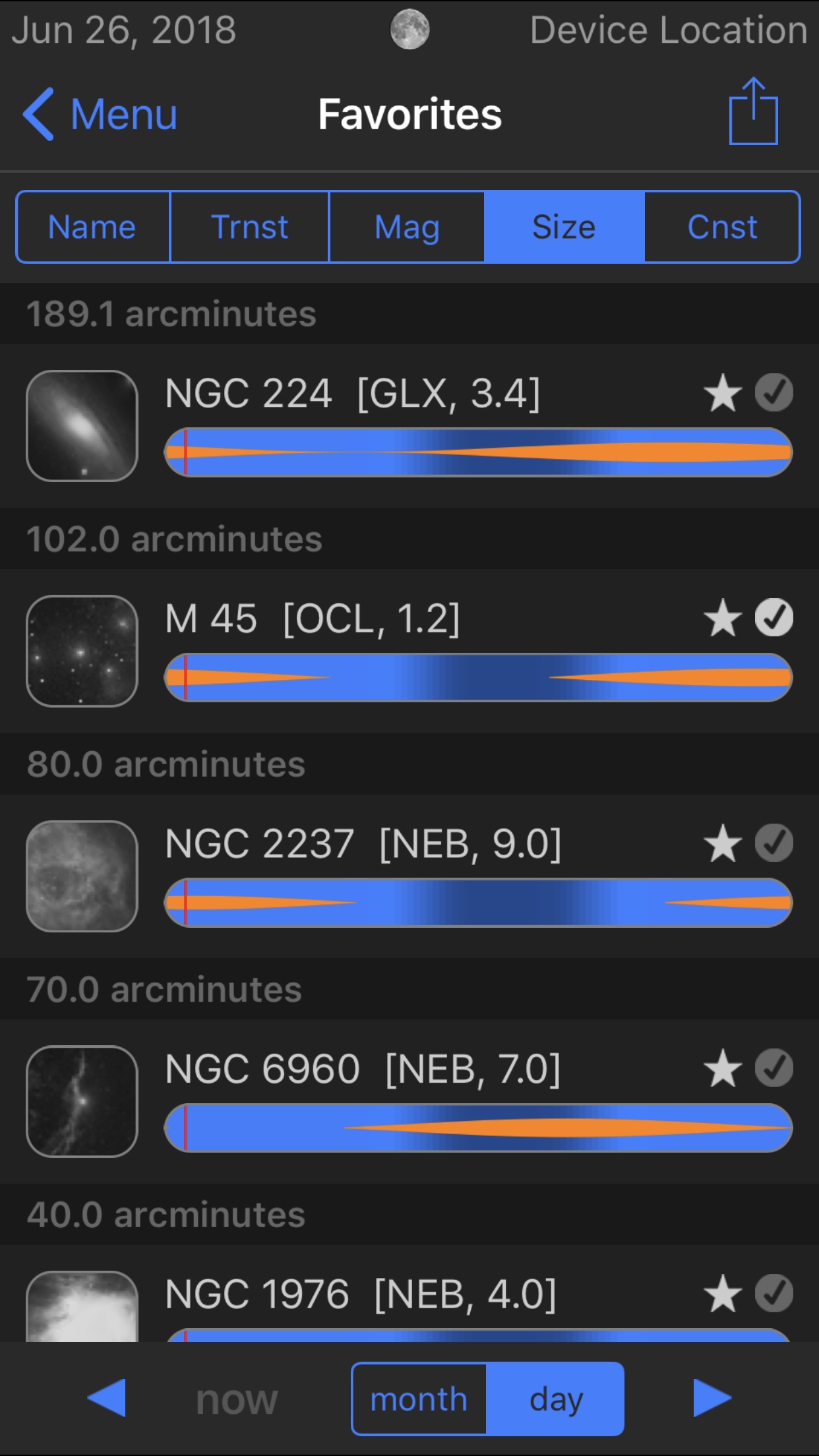 Favorites list sorted by size in Observer Pro Astronomy Planner iOS app screenshot