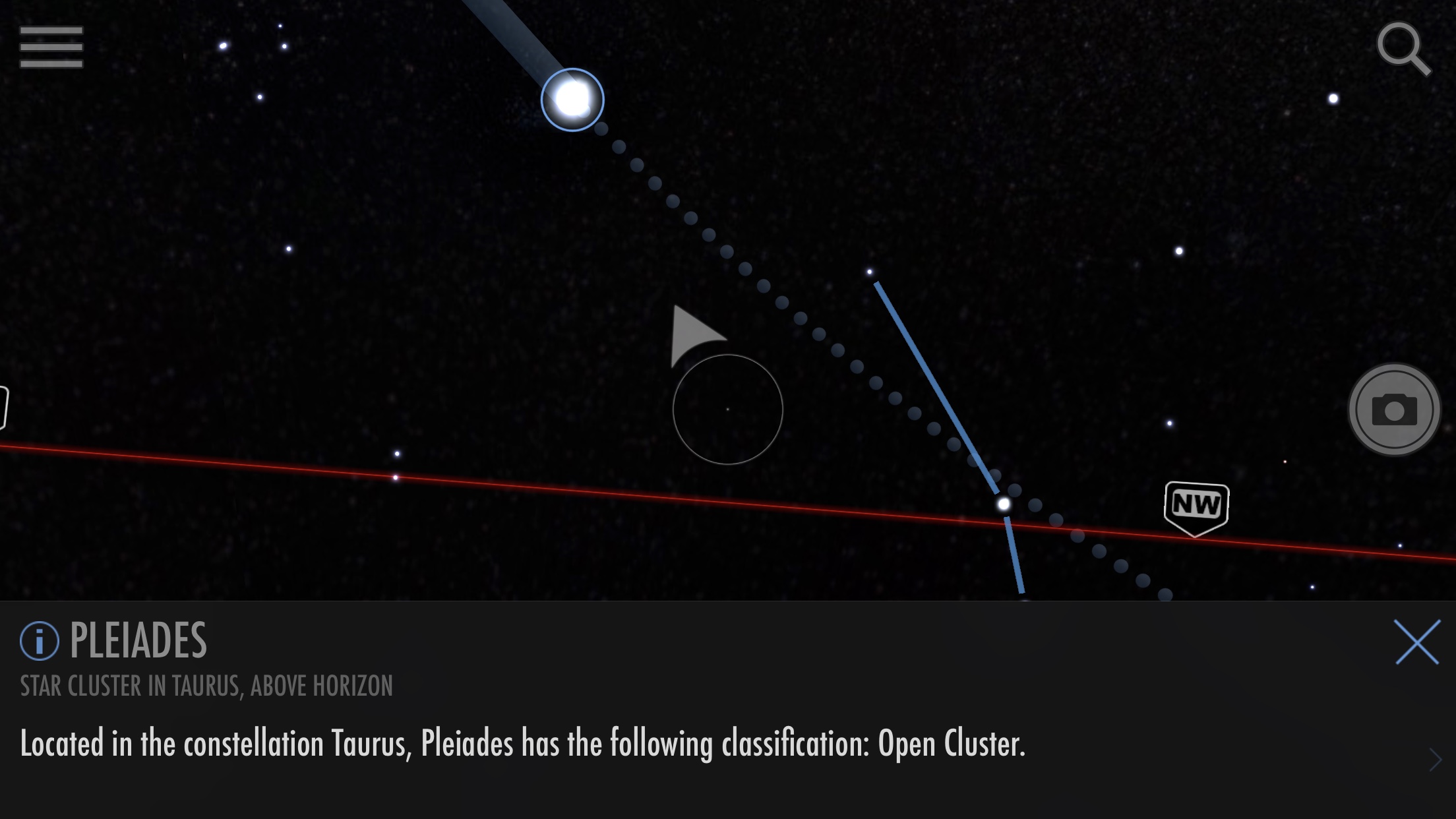 Finding Pleiades star cluster in SkyView iOS app screenshot