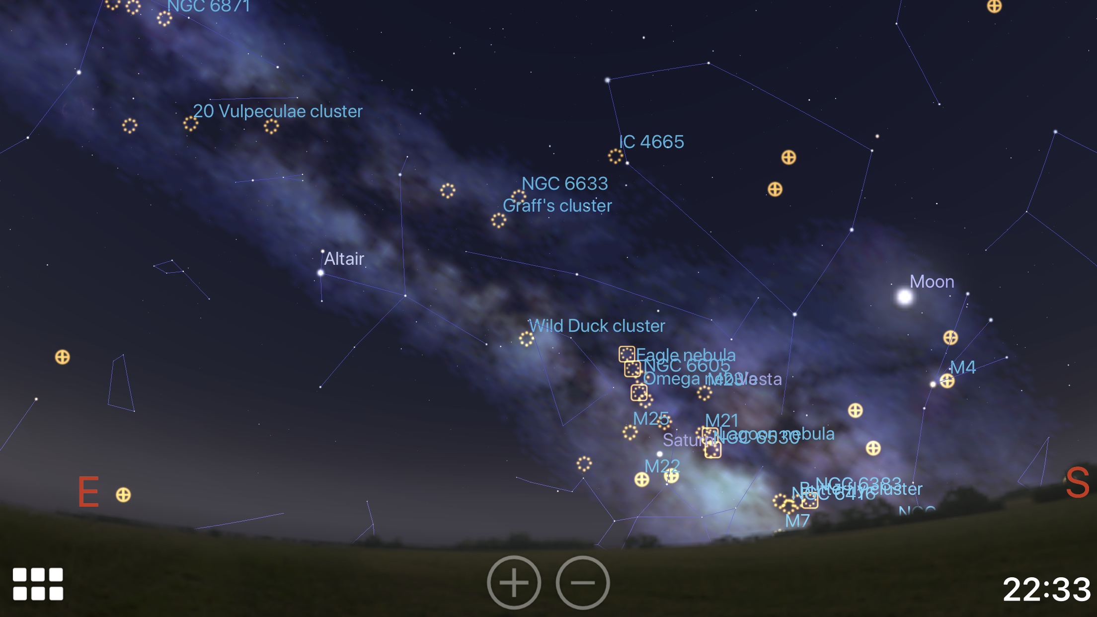 Milky Way core and Moon in Stellarium iOS app screenshot