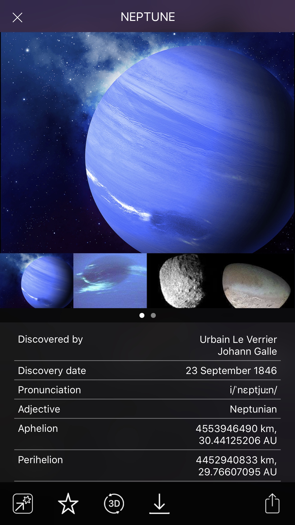 Neptune planet info in Night Sky iOS app screenshot