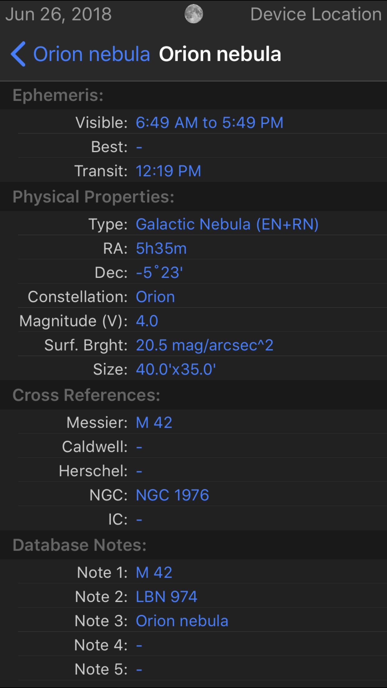 Orion Nebula detailed info in Observer Pro Astronomy Planner iOS app screenshot