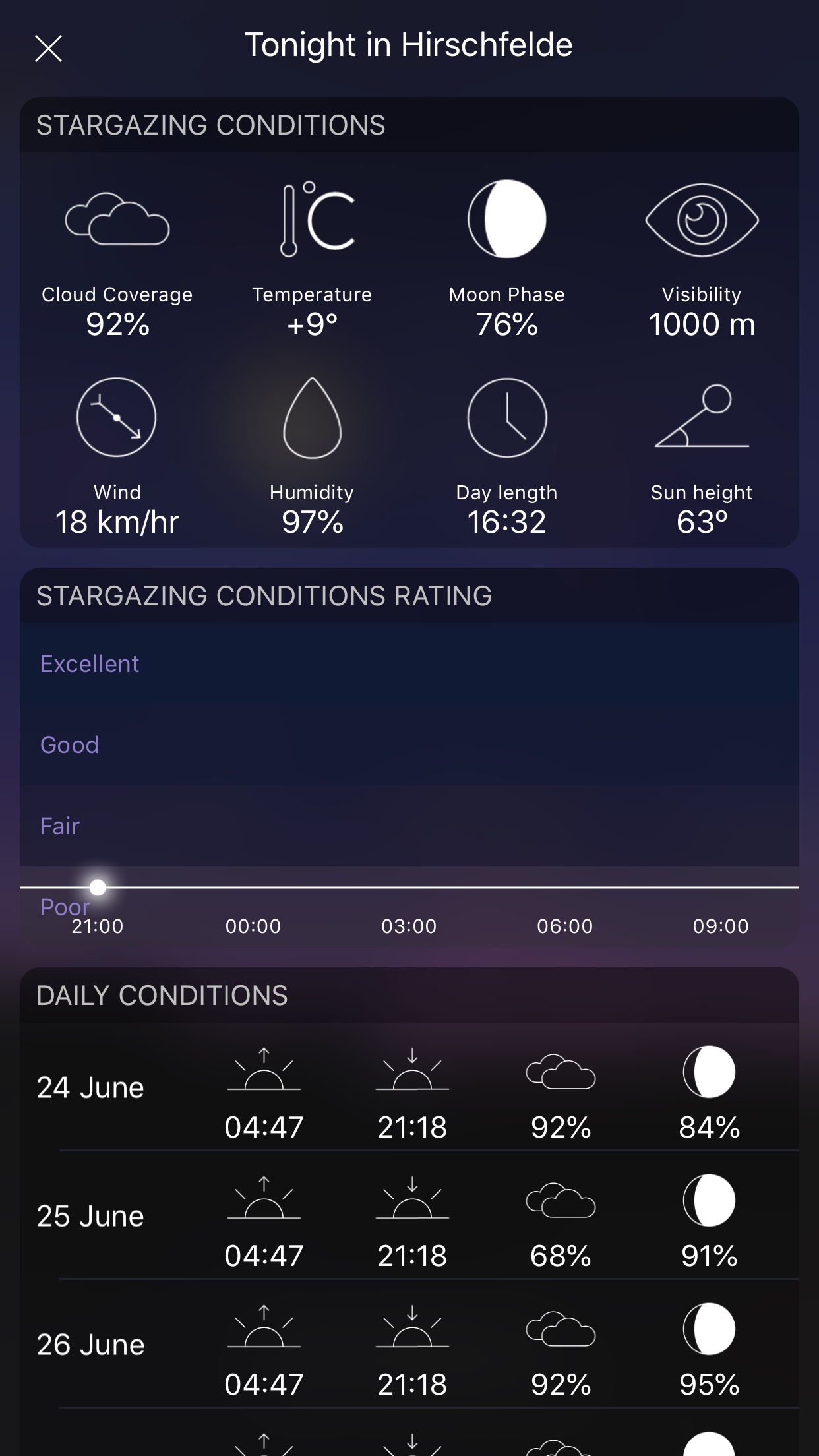 Sky conditions in Night Sky iOS app screenshot