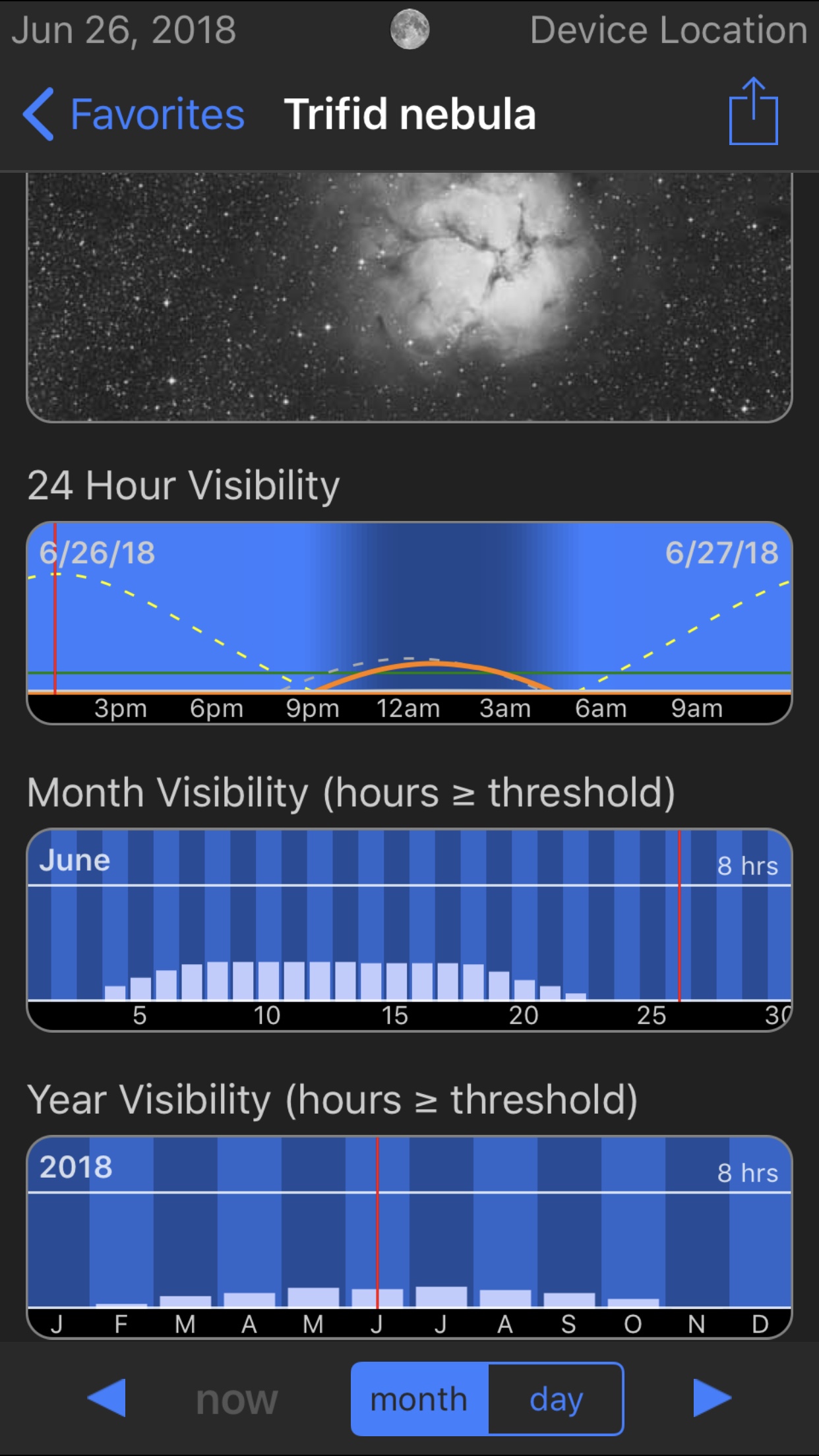 Trifid Nebula visibility in Observer Pro Astronomy Planner iOS app screenshot