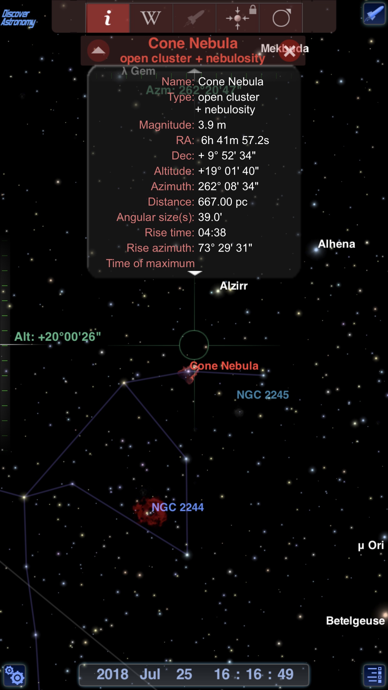 Cone nebula info in Redshift Pro Astronomy iOS app screenshot