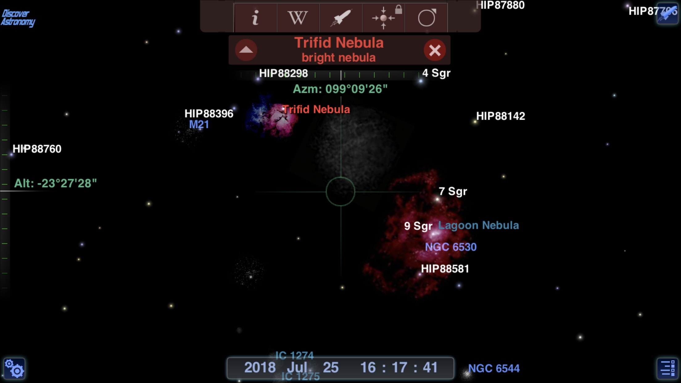 Trifid nebula in Redshift Pro Astronomy iOS app screenshot
