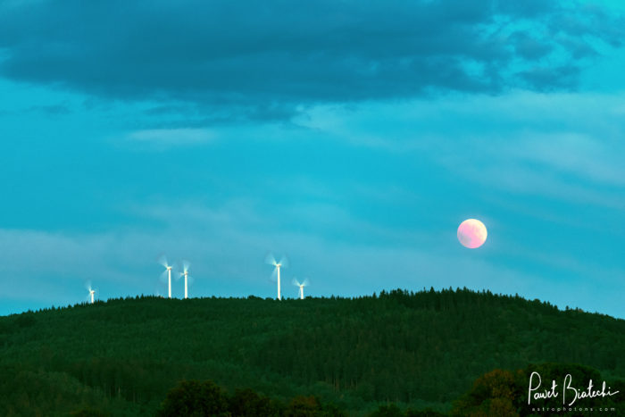 Blood Moonrise over Czech windmills