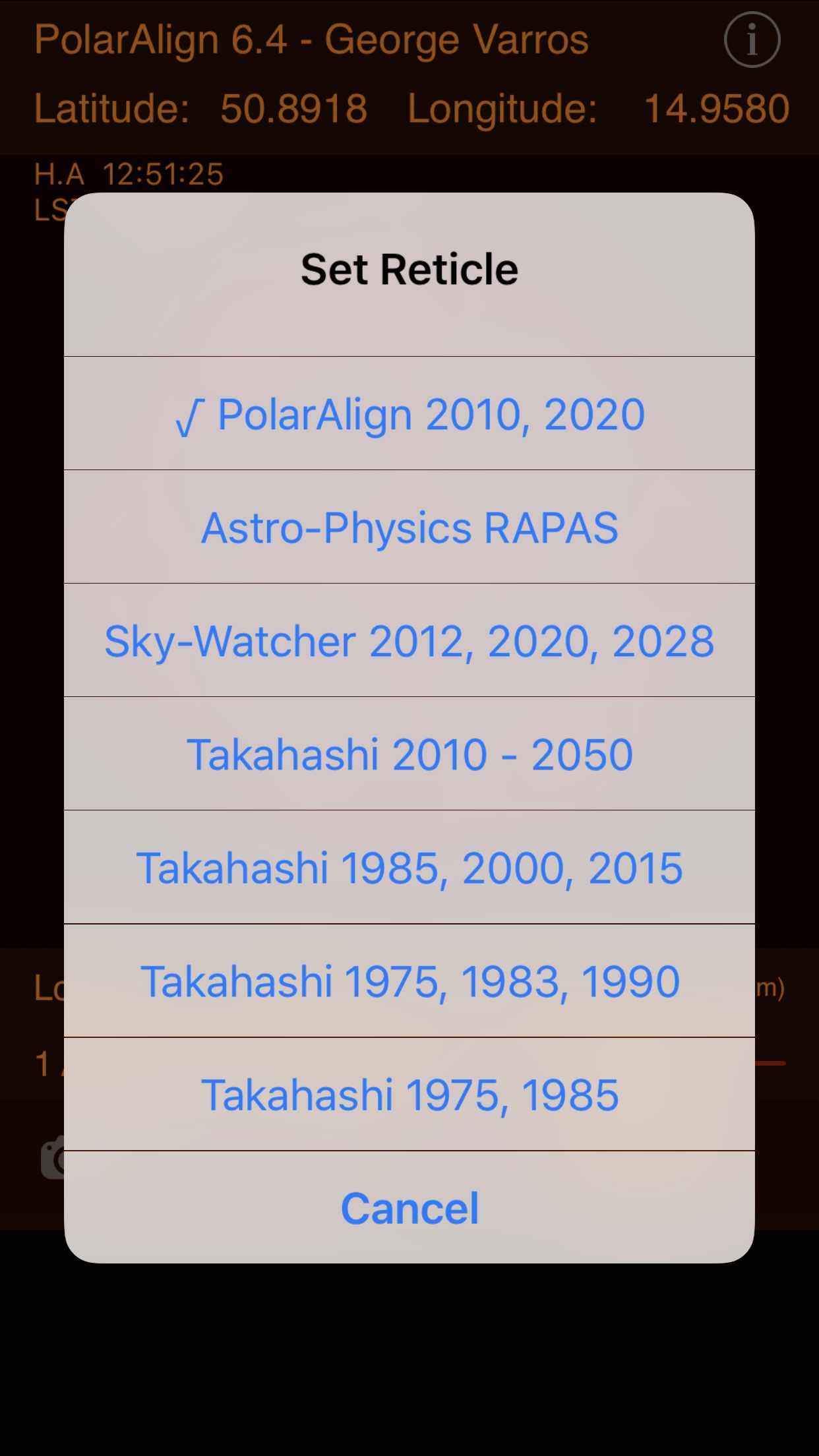 Reticle choosing in Polar Align iOS app screenshot