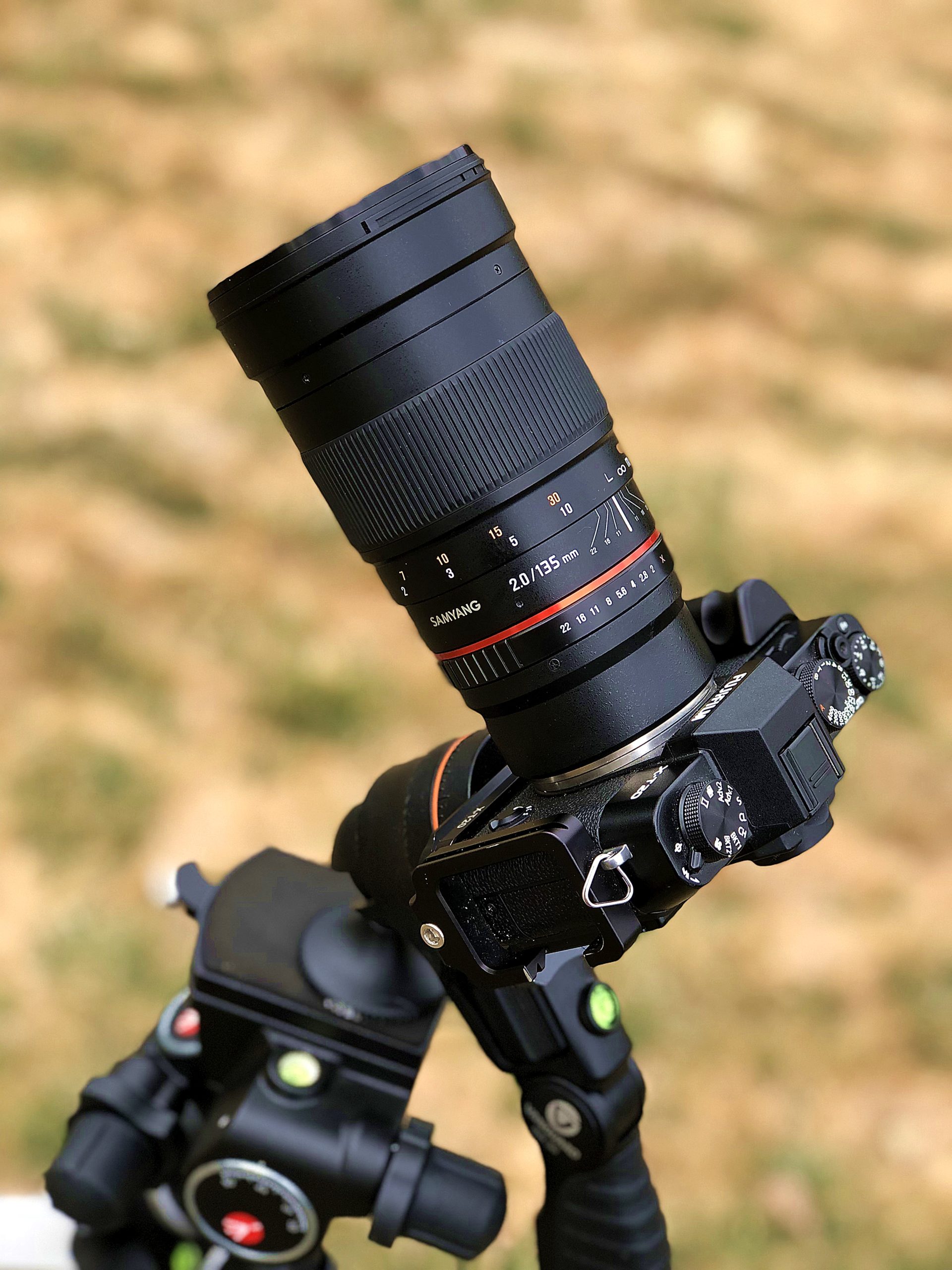 Samyang/Rokinon 135mm f/2 manual telephoto astrophotography lens mounted on Fuji X-T20 mirrorless camera