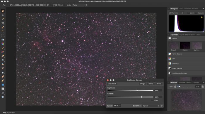 Astrophotography brightness and contrast settings in Affinity Photo