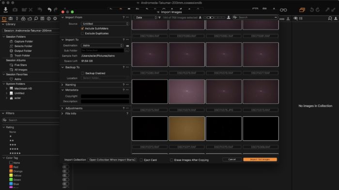 Importing astrophotography frames (lights, darks, flats) into Capture One