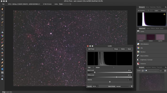 Stretching astrophotography histogram in Affinity Photo (levels adjustment)