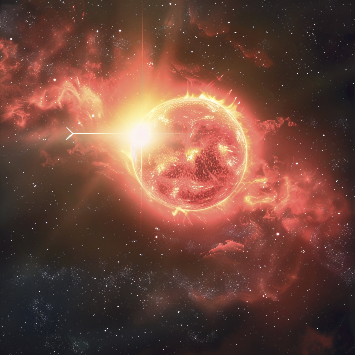 Is Betelgeuse about to explode? Artistic illustration of Betelgeuse glowing red in the Orion constellation, surrounded by stars, with a subtle highlight marking its position in the night sky.