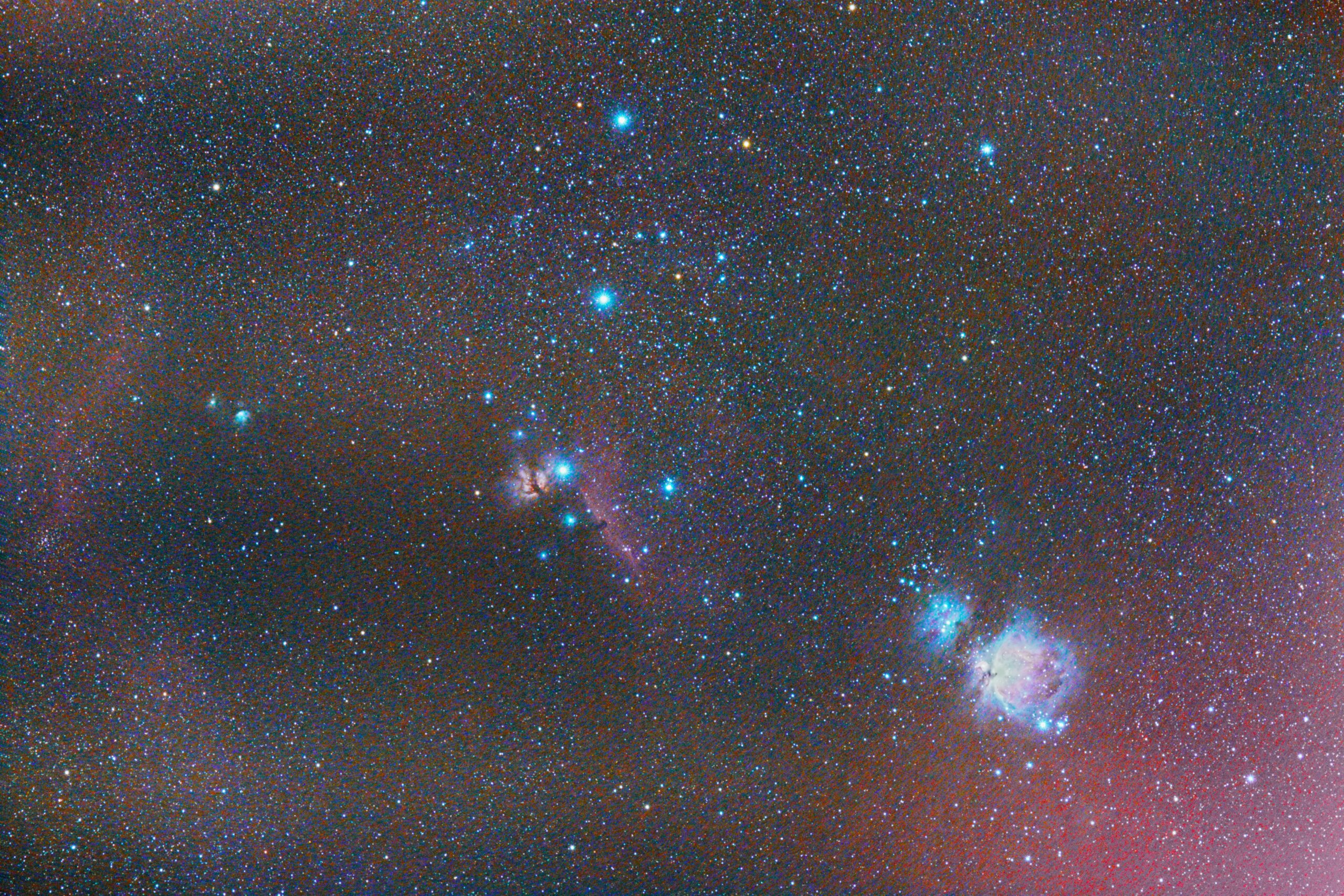 Orion Belt and Orion Sword (Orion Nebula, Flame Nebula, Horsehead Nebula, Running Man Nebula) photographed with Rokinon/Samyang 135mm f/2 lens.