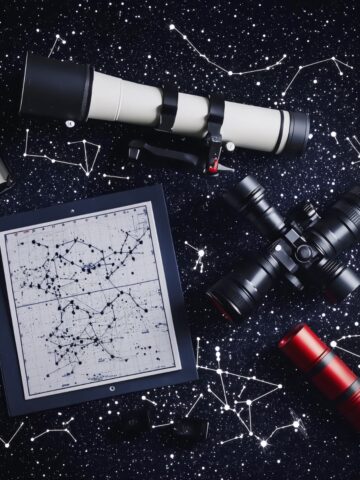 flat lay of beginner astronomy equipment on dark starry background, telescope, binoculars, star map, red flashlight, notebook, clean realistic style, no branding, high detail