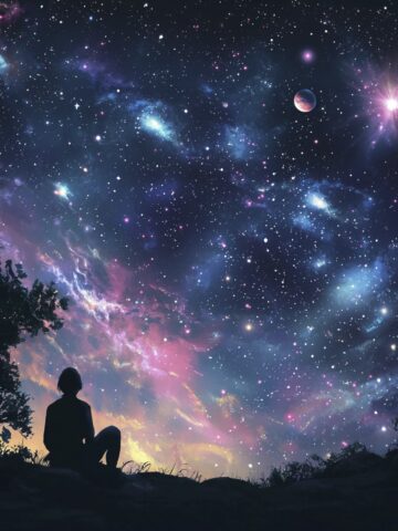 a dreamy astronomy night sky full of stars, planets, and nebulae, viewed from Earth, with a silhouette of a person looking up, peaceful mood, digital painting