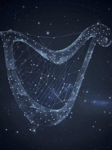 night sky with the Lyra constellation highlighted, realistic star field, Vega glowing brightly, artistic harp shape outlined with soft lines or glow, clean composition for blog header, dark blue and black sky tones, minimal labeling, no text