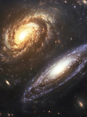 realistic deep space view of two spiral galaxies approaching each other, bright Milky Way and Andromeda galaxies in star-filled background, vivid colors, dramatic lighting, high detail, no text, high realism