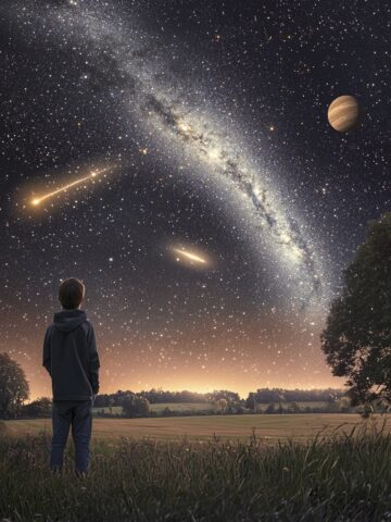a realistic night sky filled with visible stars and planets, seen from Earth in a rural location, with a person looking up from a dark field, slight Milky Way glow, natural lighting, ultra-realistic photo style