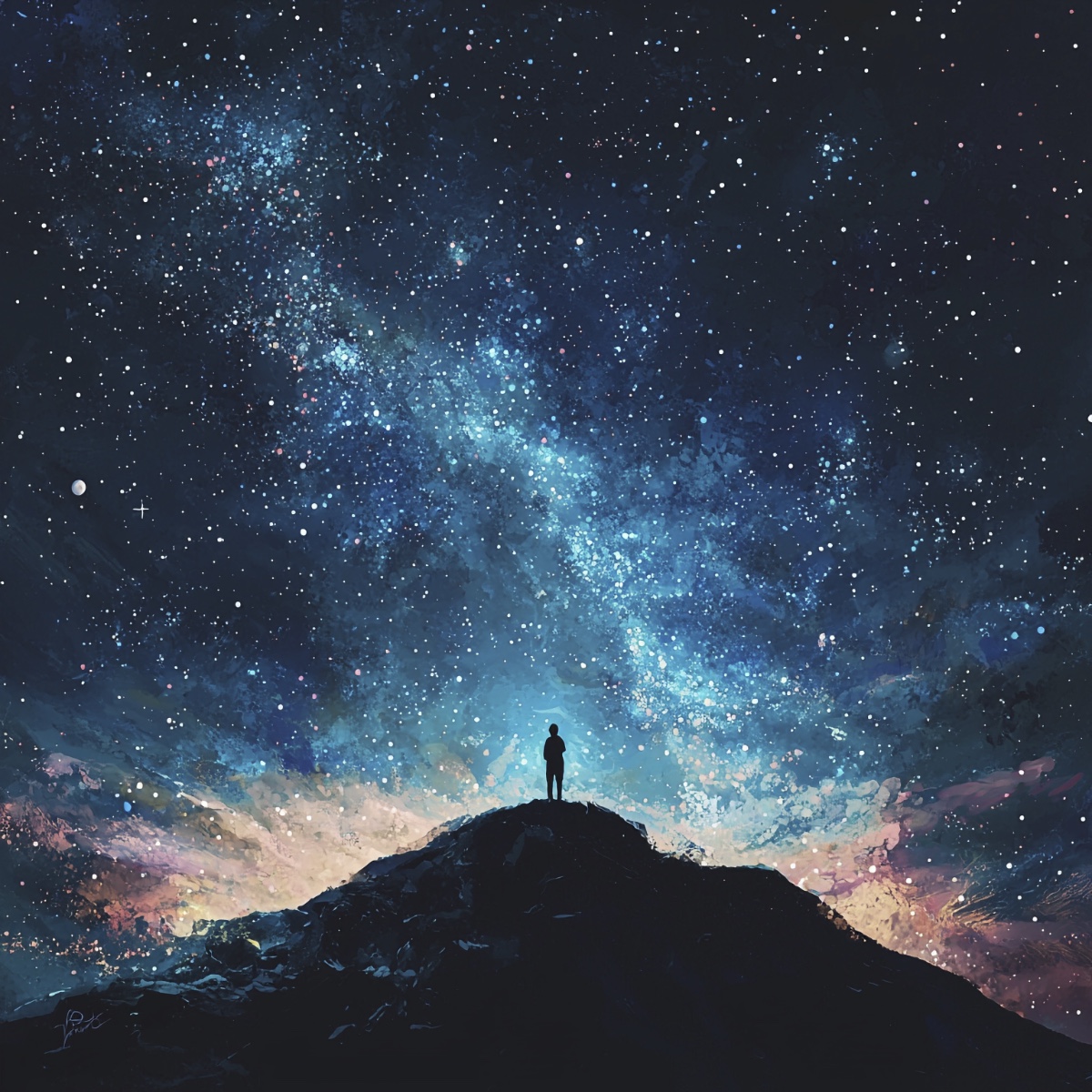 a person stargazing at space from a dark hilltop, overlooking the night sky filled with stars, planets, and the Milky Way, peaceful, digital painting, educational feel